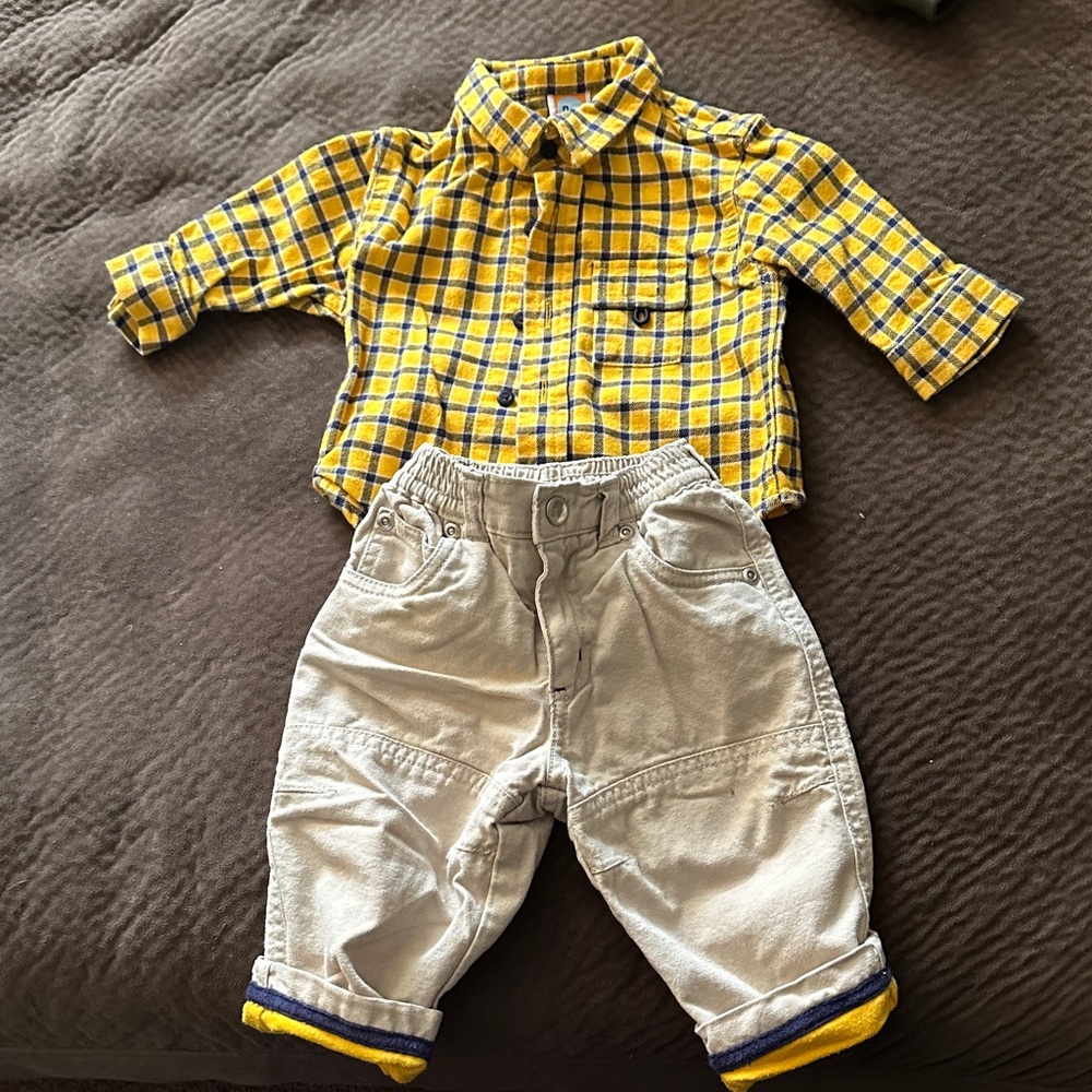 Babies Yellow Plaid Shirt and Beige Pants Set